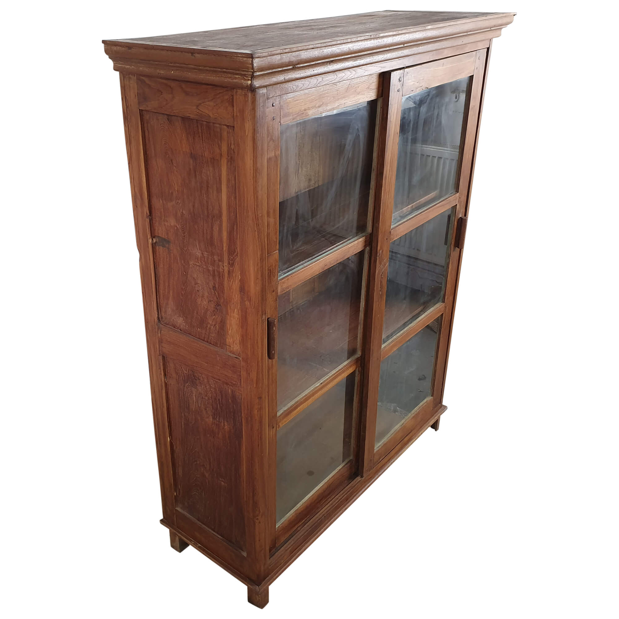 Highboard Vitrinenschrank mit Schiebetüren Teak Schrank Massiv Holz braun Design