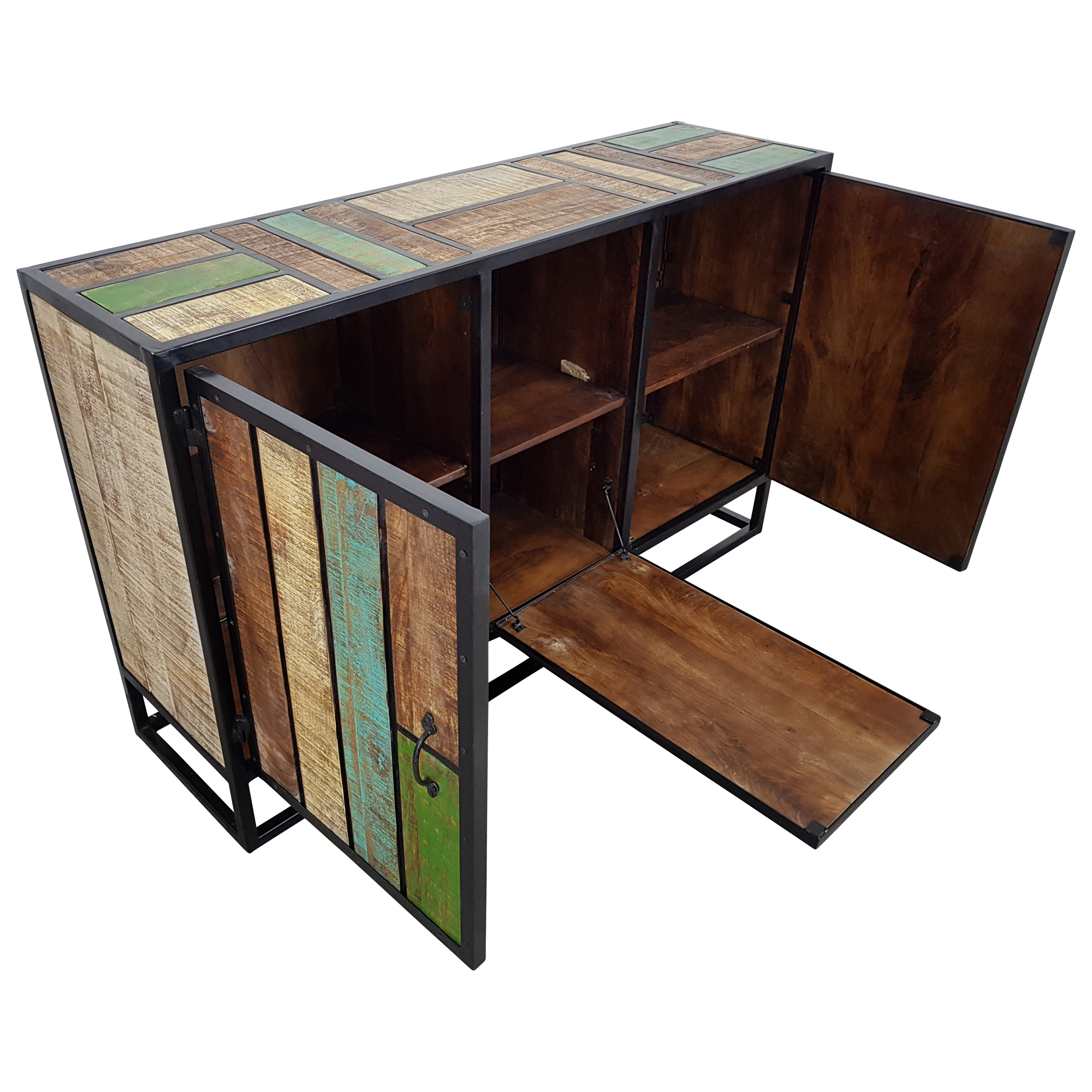 Kommode Schrank Sideboard Wohnzimmer 3 Türen Massiv-Holz Bunt Vintage Design