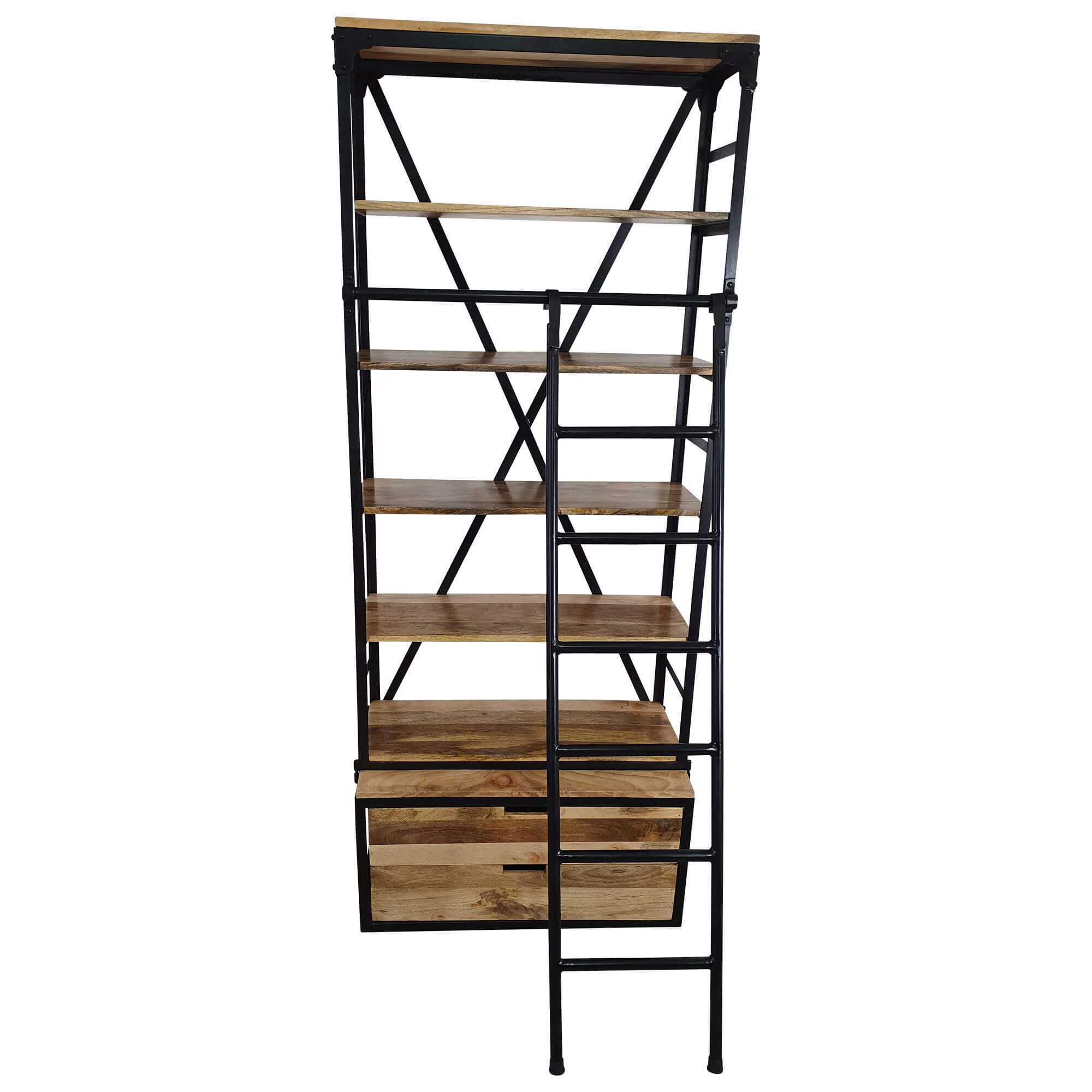 Bücherregal mit Leiter Holzregal Metall Industrial Design schwarzes 80 x 200