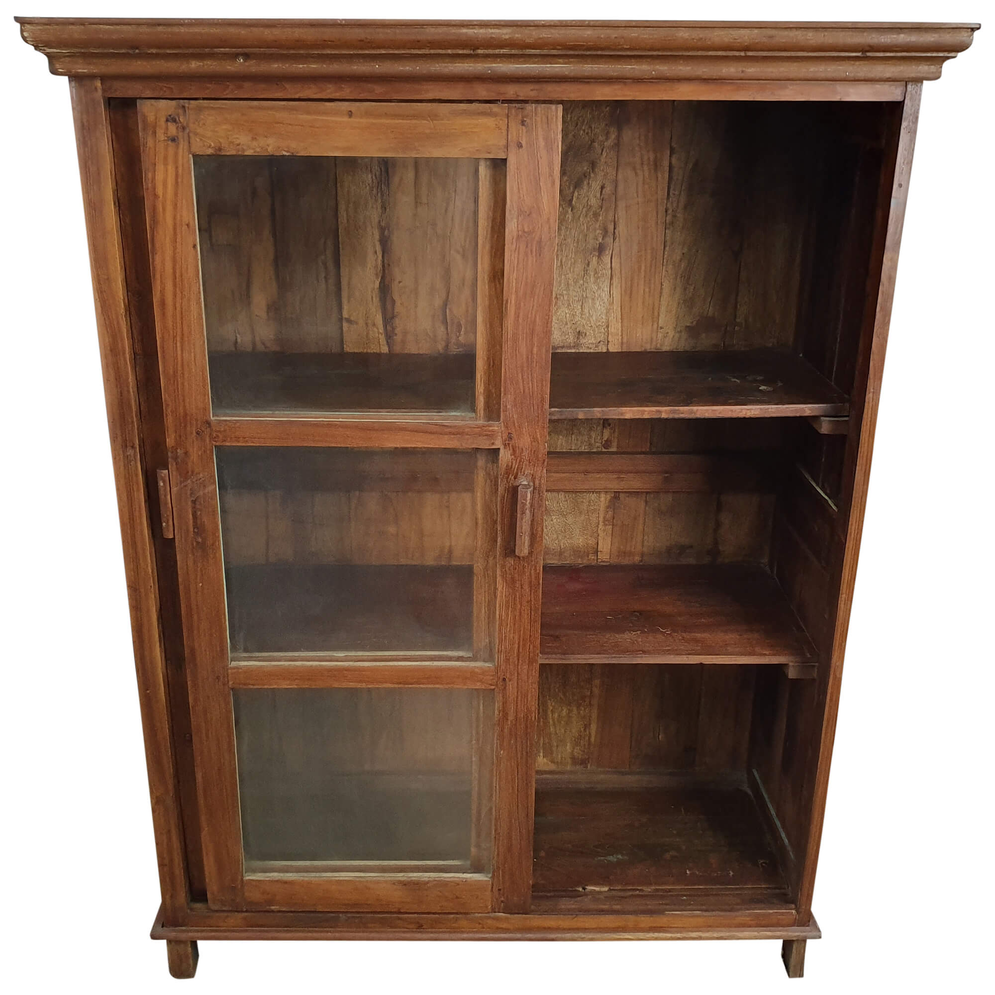Highboard Vitrinenschrank mit Schiebetüren Teak Schrank Massiv Holz braun Design