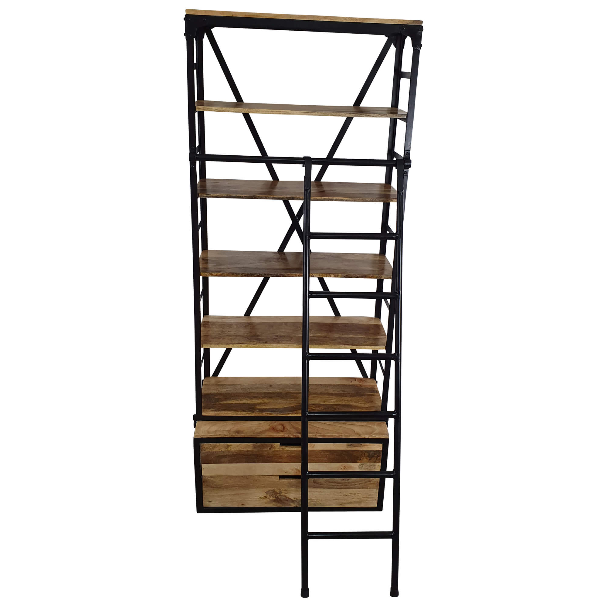 Bücherregal mit Leiter Holzregal Metall Industrial Design schwarzes 80 x 200