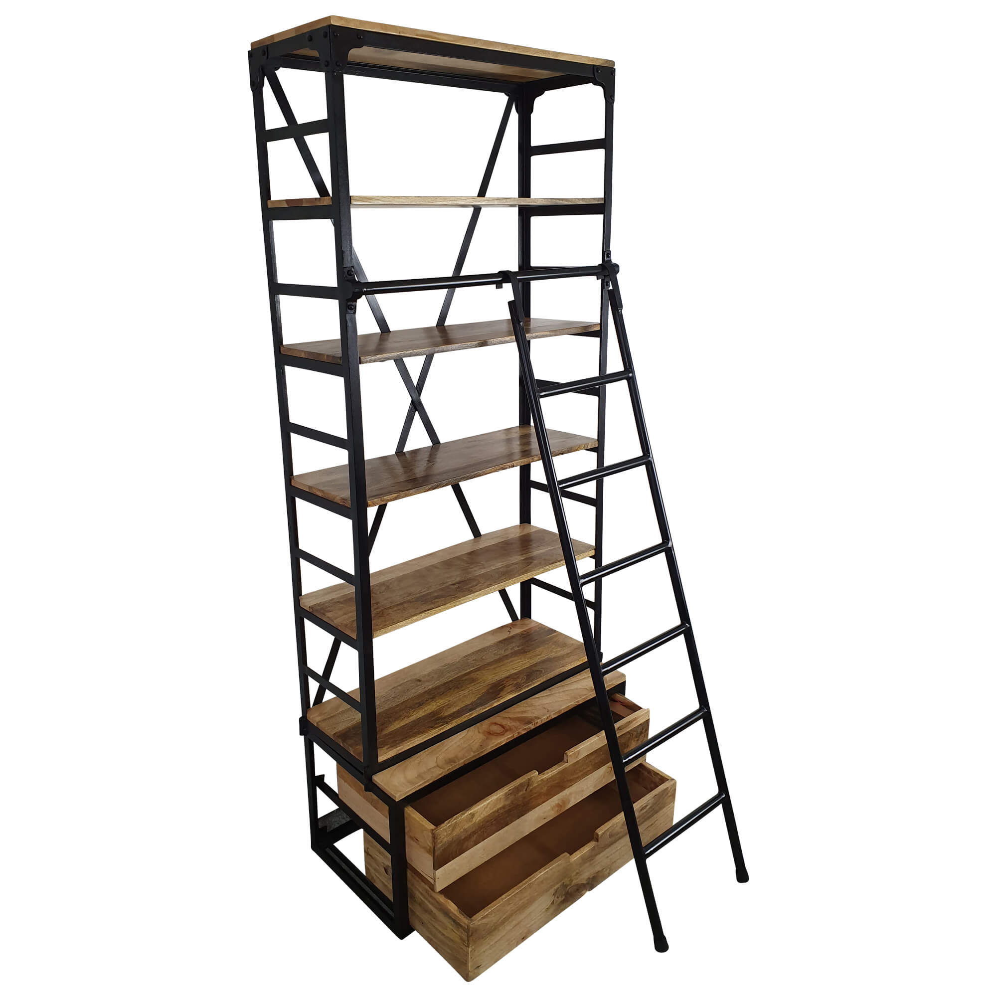 Bücherregal mit Leiter Holzregal Metall Industrial Design schwarzes 80 x 200