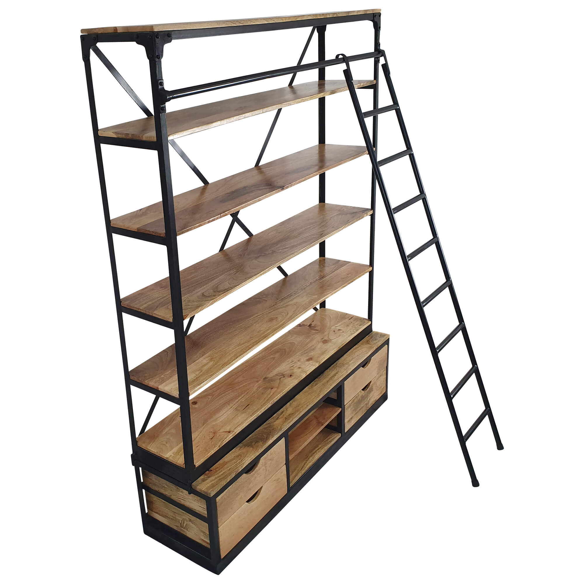 Bücherregal mit Leiter Holzregal Metall Industrial Design schwarzes 150 x 200 cm