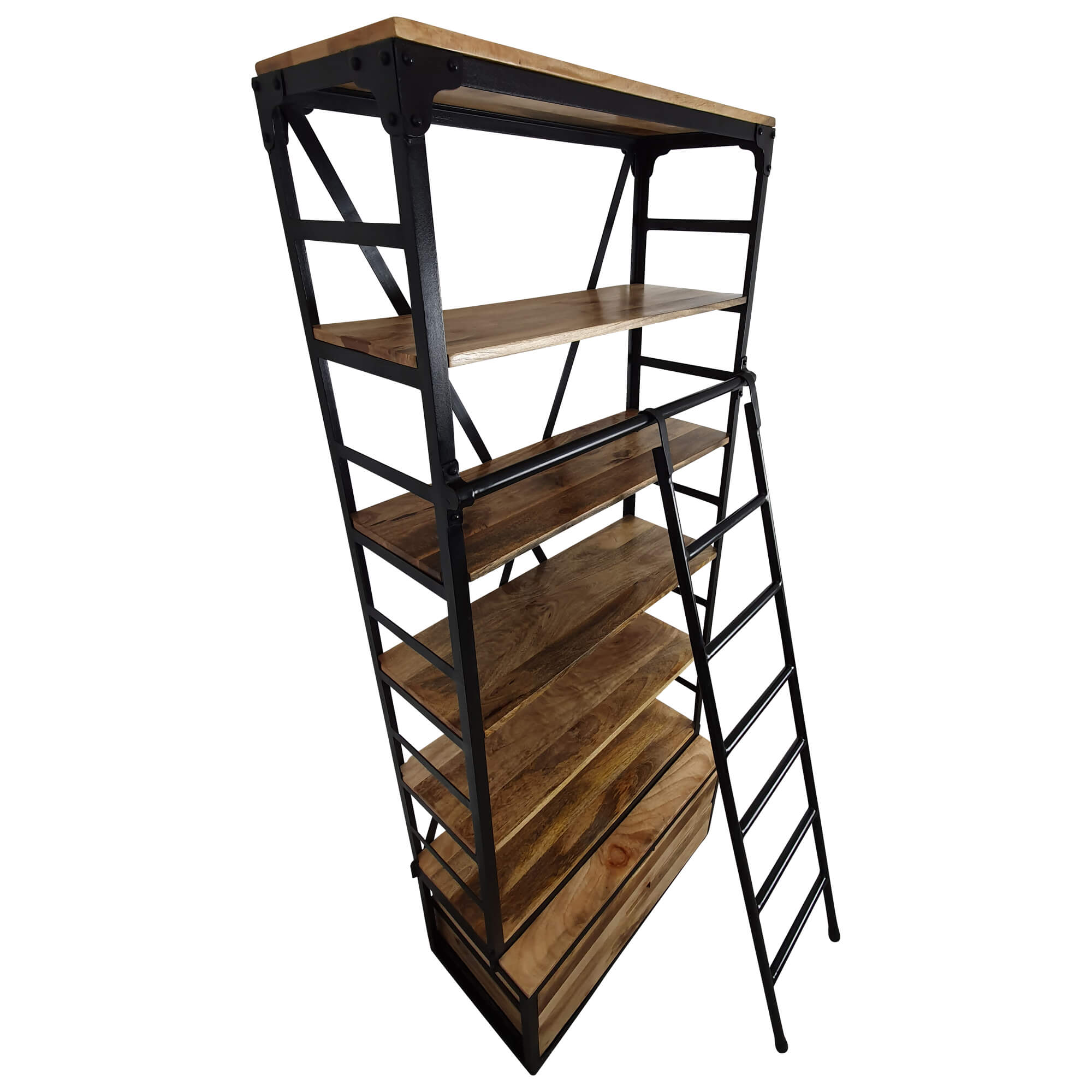 Bücherregal mit Leiter Holzregal Metall Industrial Design schwarzes 80 x 200