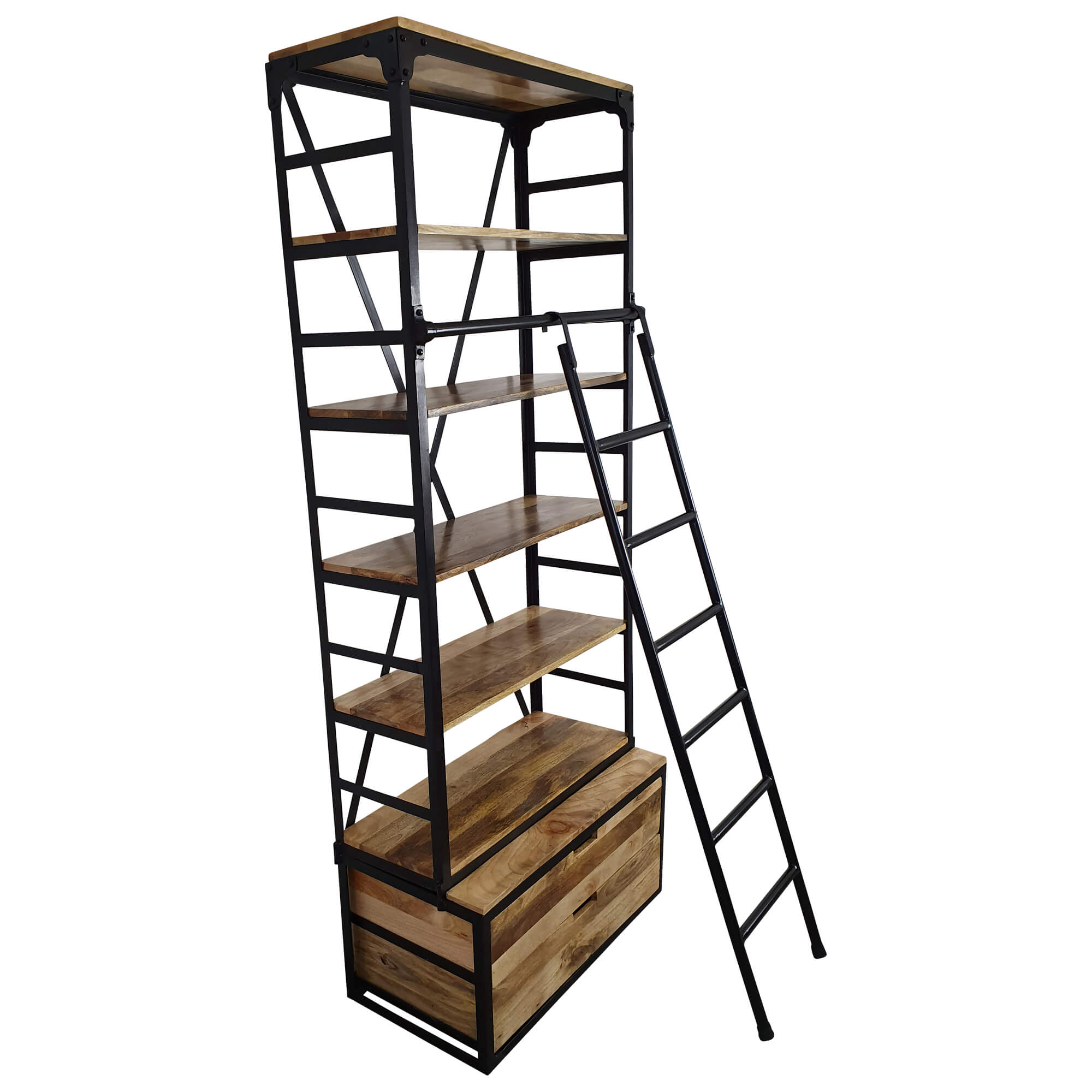 Bücherregal mit Leiter Holzregal Metall Industrial Design schwarzes 80 x 200