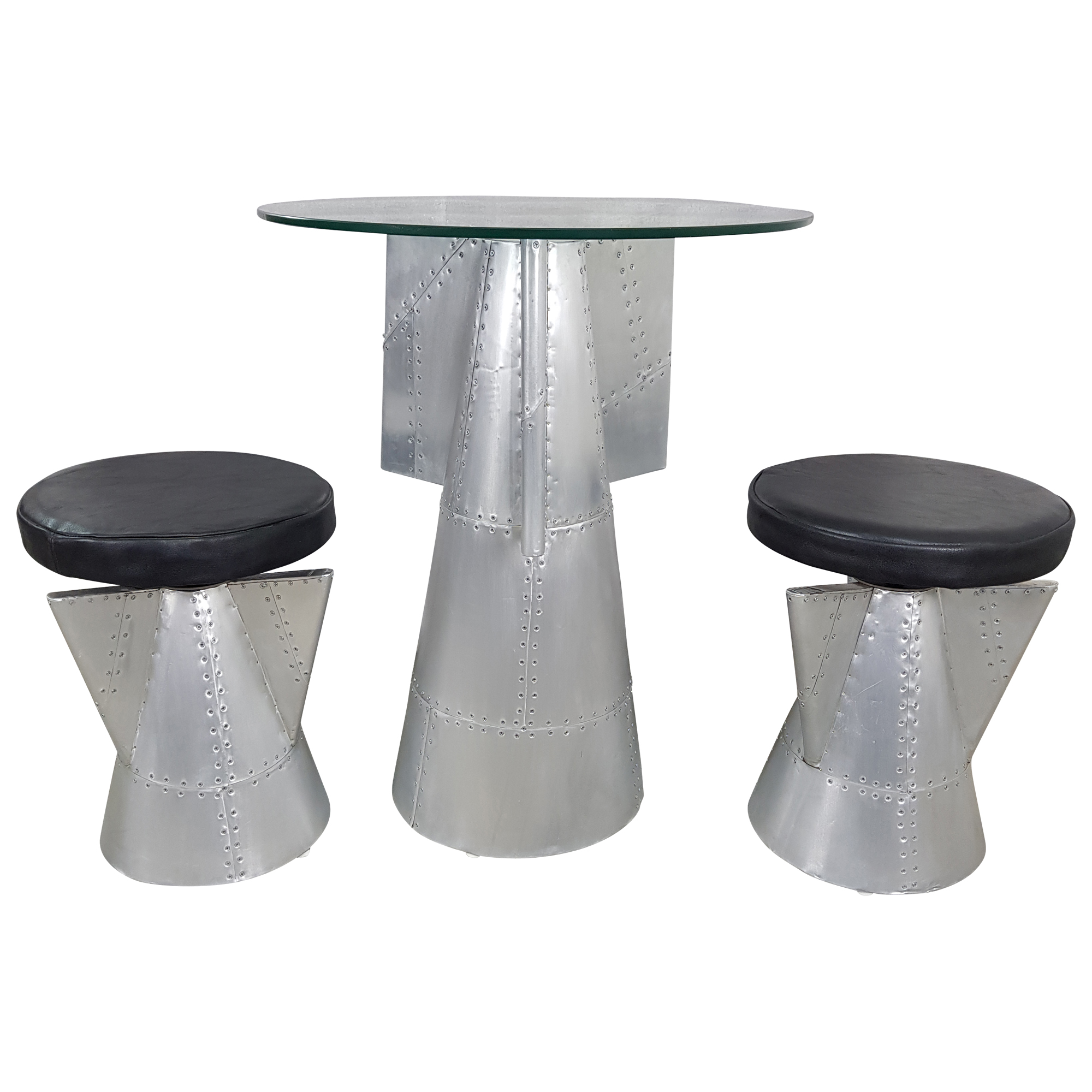 Tischgruppe Sitzgruppe Tisch + 2 Hocker silber alu Aviator Trend Design Unikat