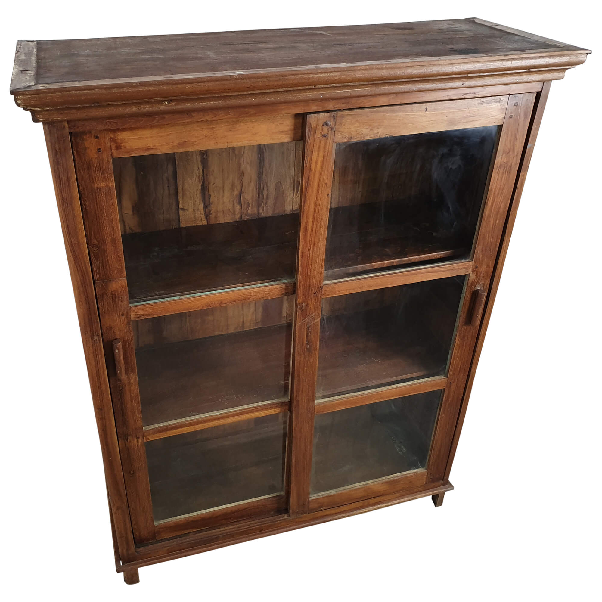 Highboard Vitrinenschrank mit Schiebetüren Teak Schrank Massiv Holz braun Design