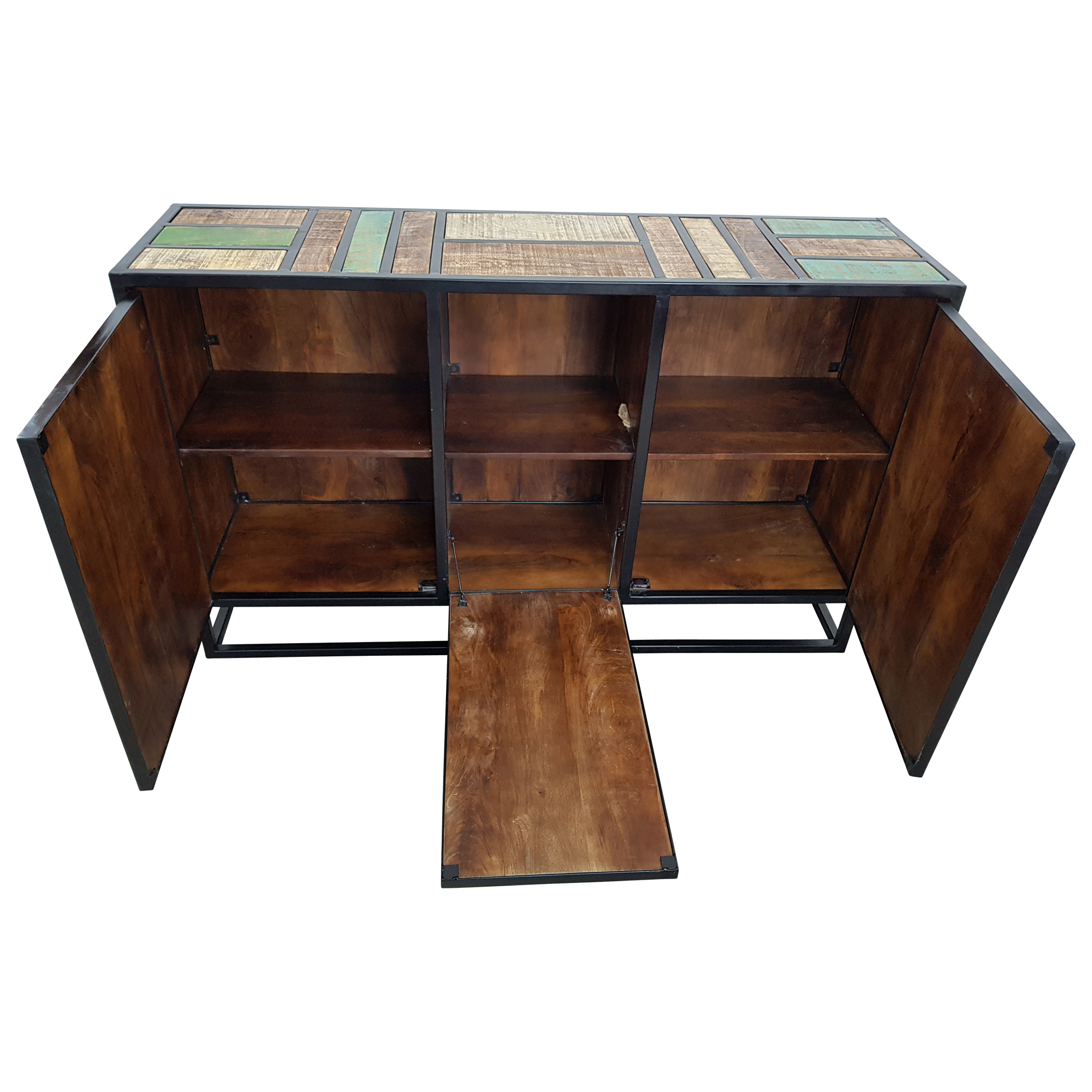Kommode Schrank Sideboard Wohnzimmer 3 Türen Massiv-Holz Bunt Vintage Design