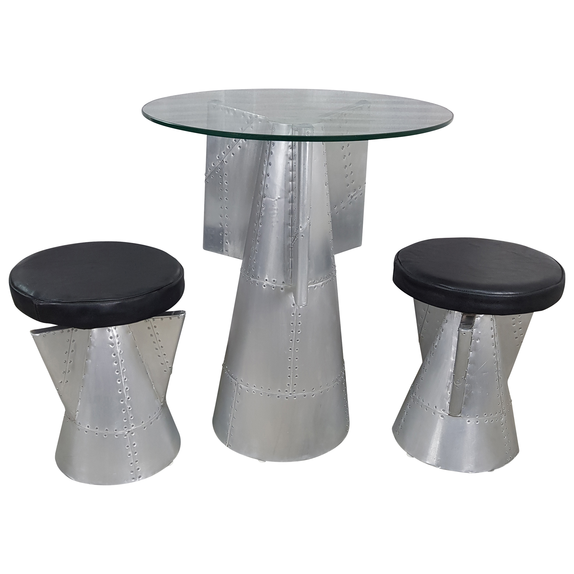Tischgruppe Sitzgruppe Tisch + 2 Hocker silber alu Aviator Trend Design Unikat
