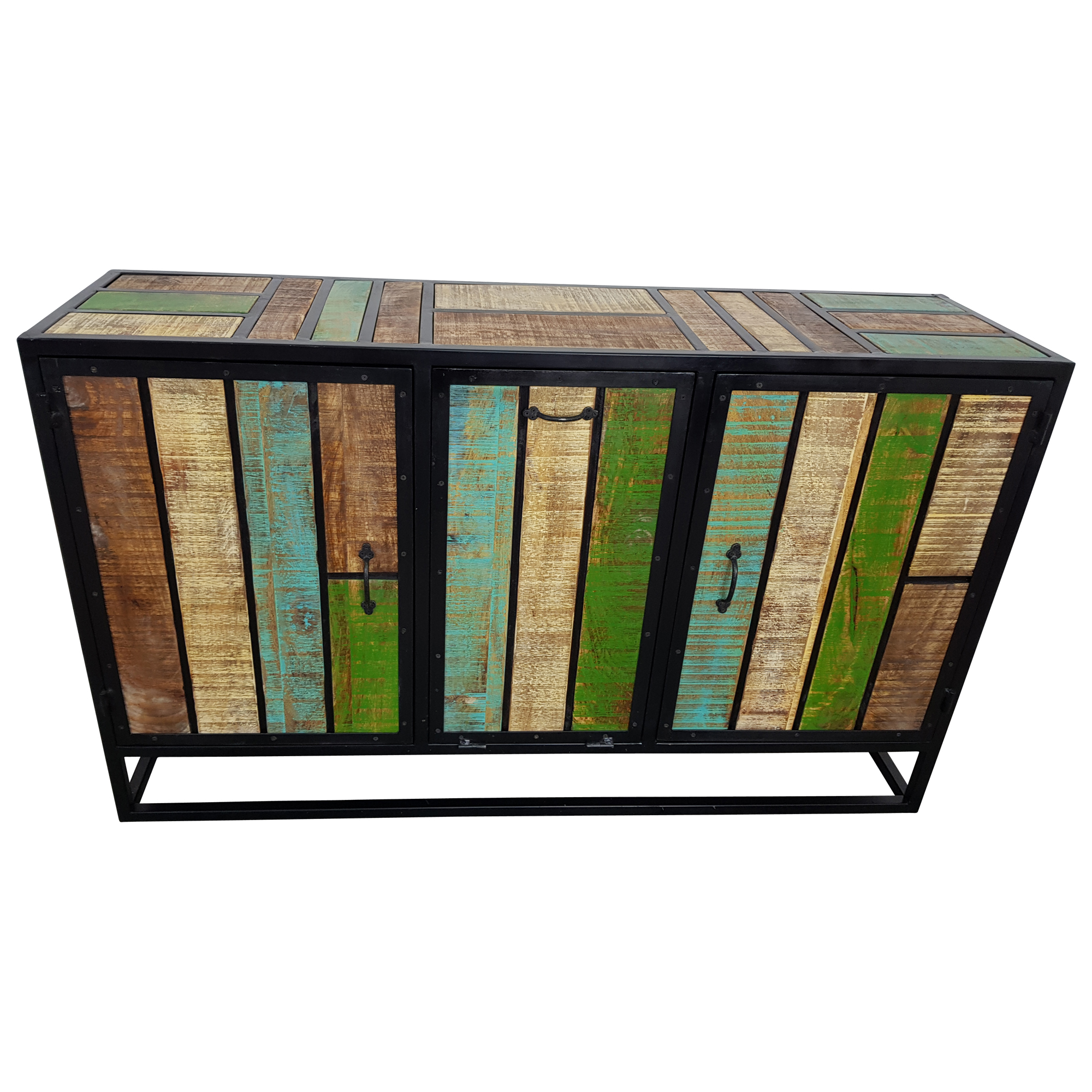 Kommode Schrank Sideboard Wohnzimmer 3 Türen Massiv-Holz Bunt Vintage Design