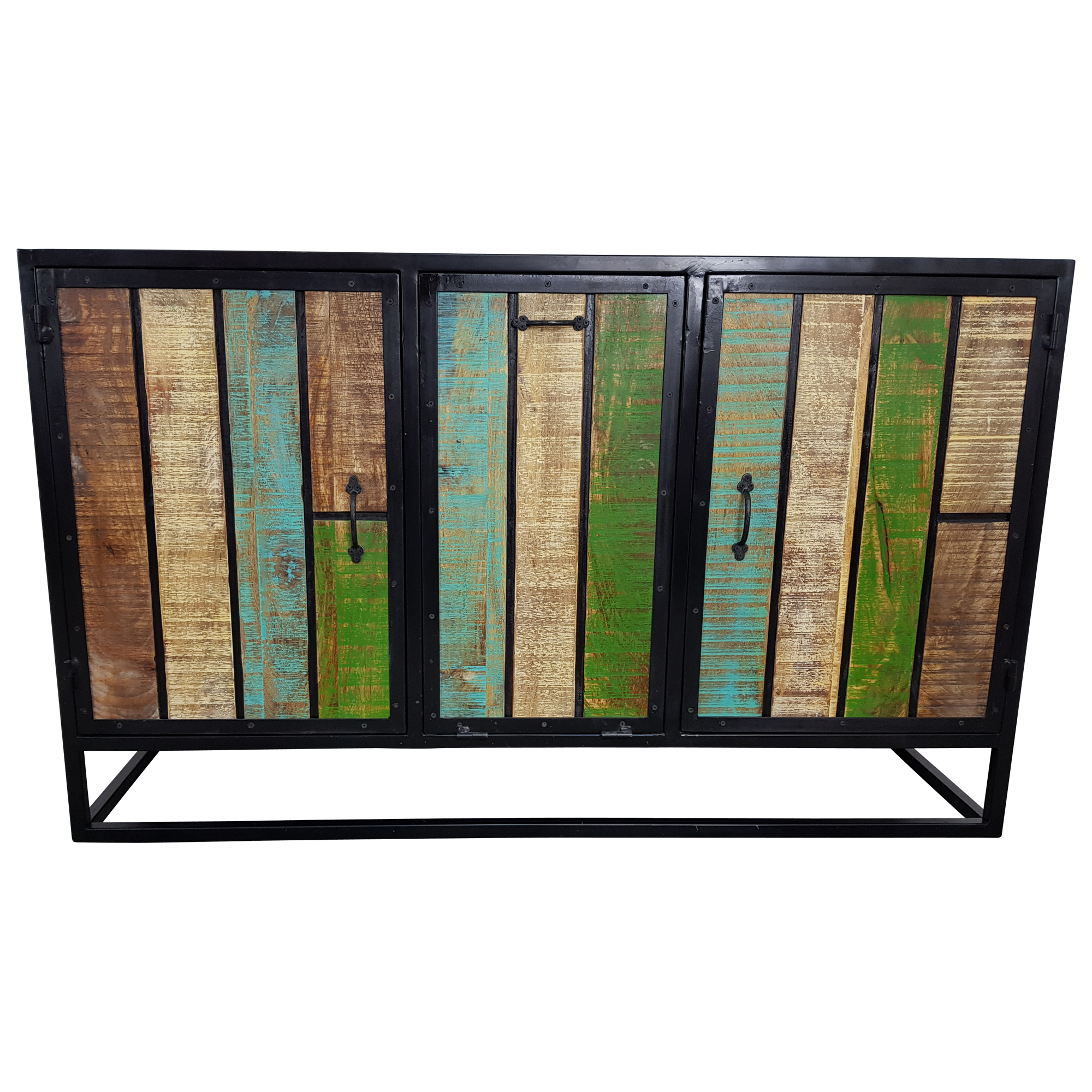 Kommode Schrank Sideboard Wohnzimmer 3 Türen Massiv-Holz Bunt Vintage Design