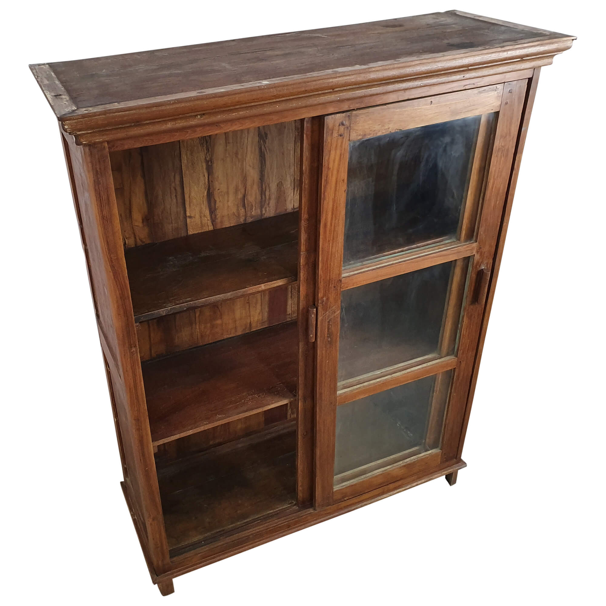 Highboard Vitrinenschrank mit Schiebetüren Teak Schrank Massiv Holz braun Design