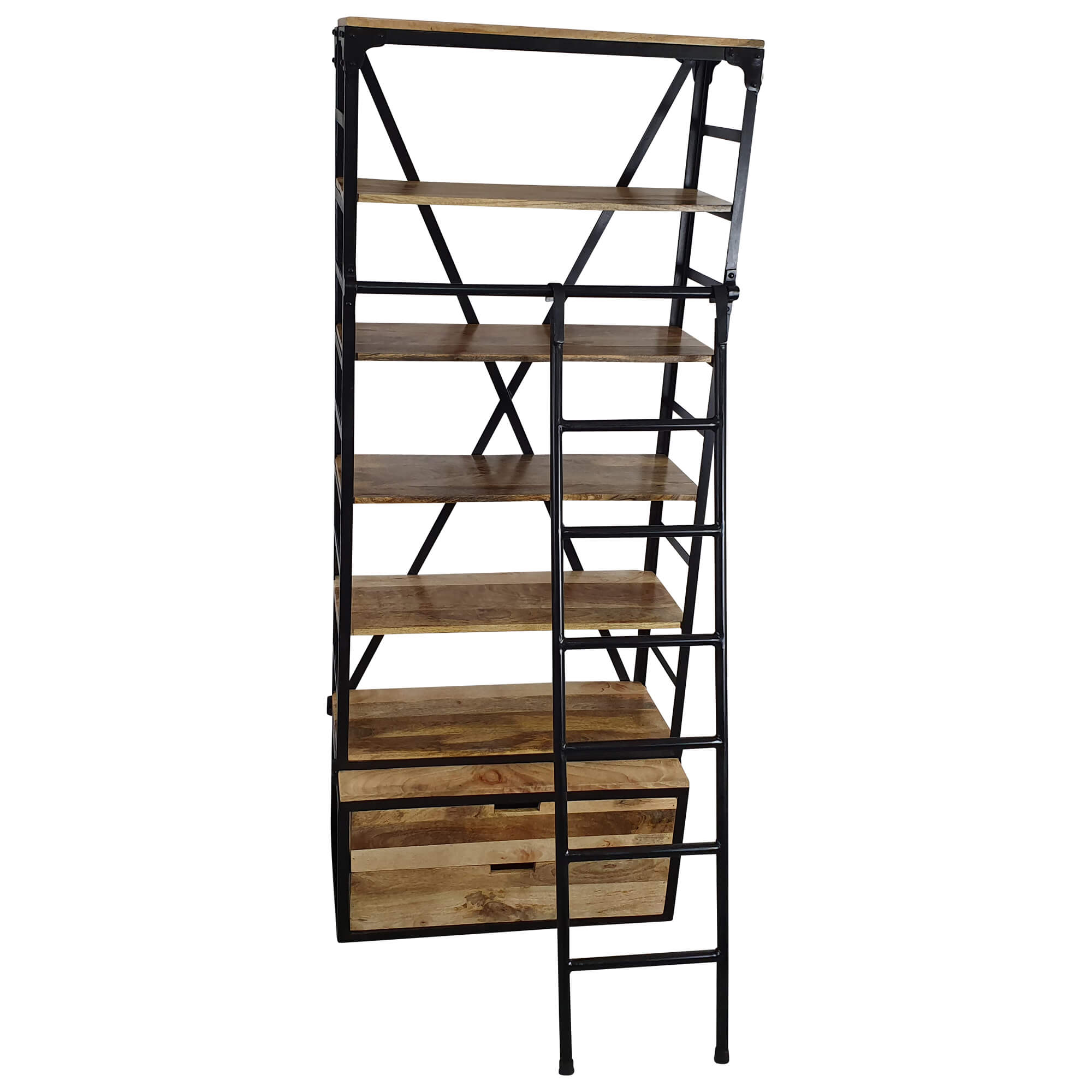Bücherregal mit Leiter Holzregal Metall Industrial Design schwarzes 80 x 200