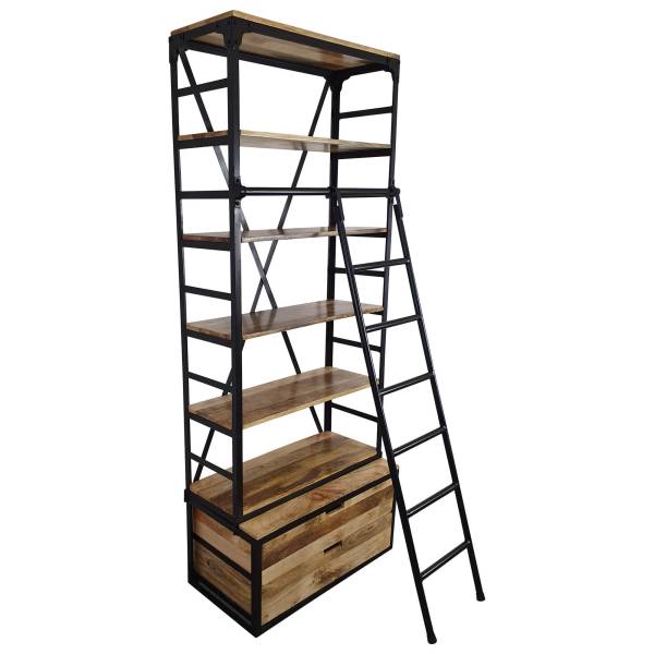 Bücherregal Holz-Regal mit Leiter 80 x 200 Metall schwarz Industrial Design