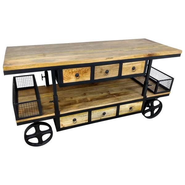 Kommode Schrank Sideboard mit Rädern Mango Massiv-Holz Höhenverstellbar Design