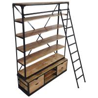 Bücherregal Holz-Regal mit Leiter 150 x 200 cm Metall schwarz Industrial Design